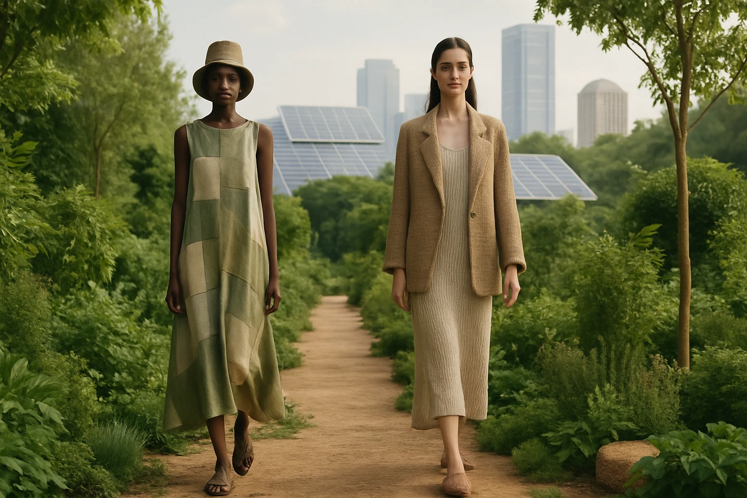 Dve modelky prechádzajú po ceste v prírodnom prostredí s panelmi solárnych článkov v pozadí.