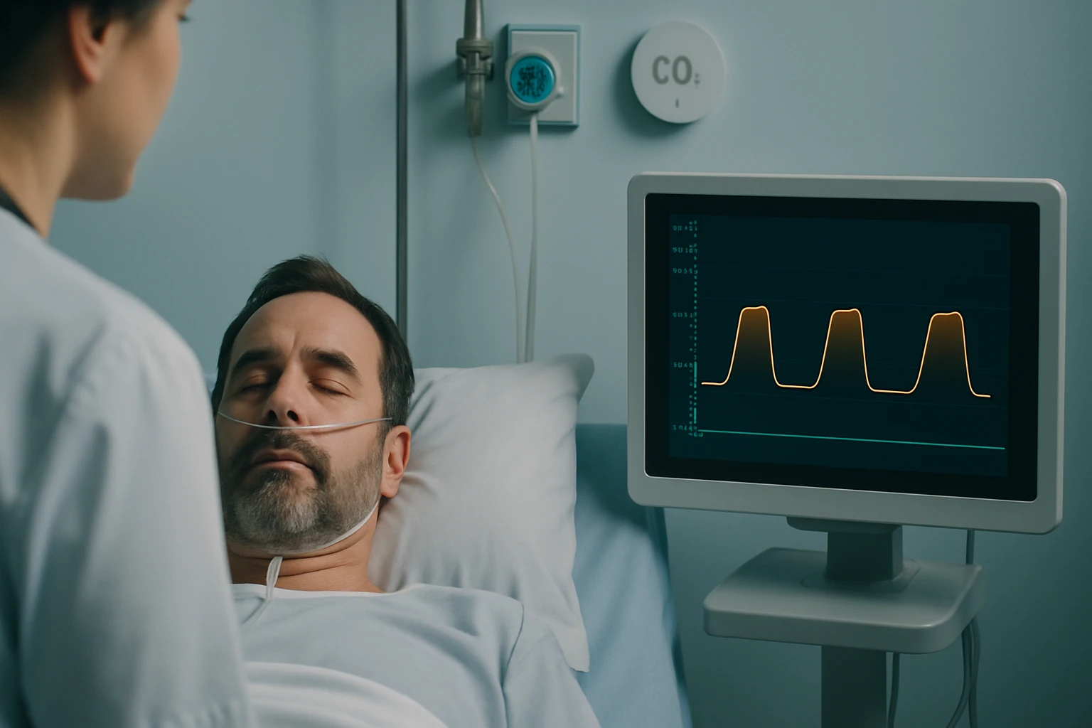 Muž leží na nemocničnom lôžku s monitorom vitálnych funkcií vedľa seba.