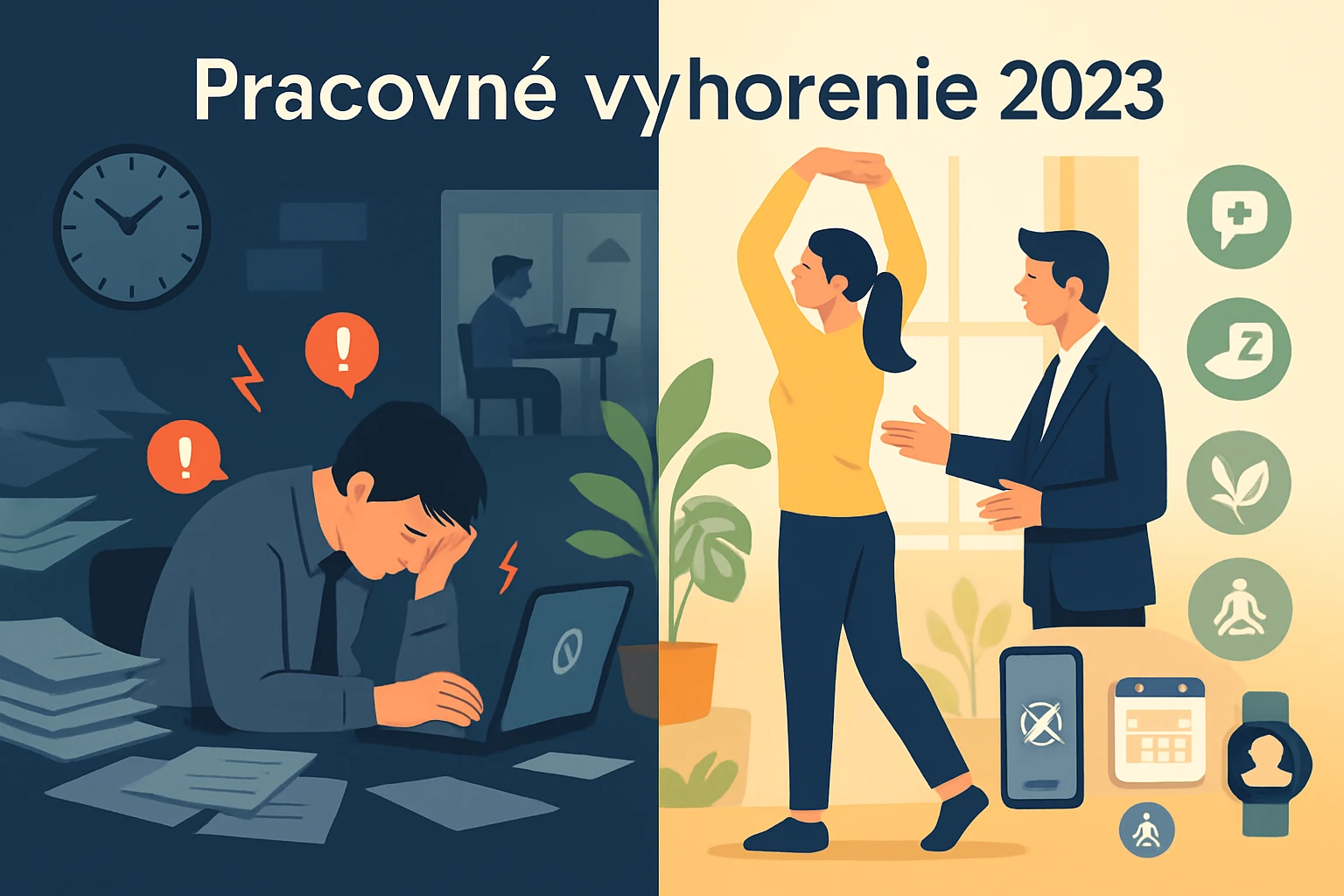 Kép a munkahelyi stresszről és a kiégés megelőzéséről, bal oldalon stresszes férfi, jobb oldalon boldog nő.