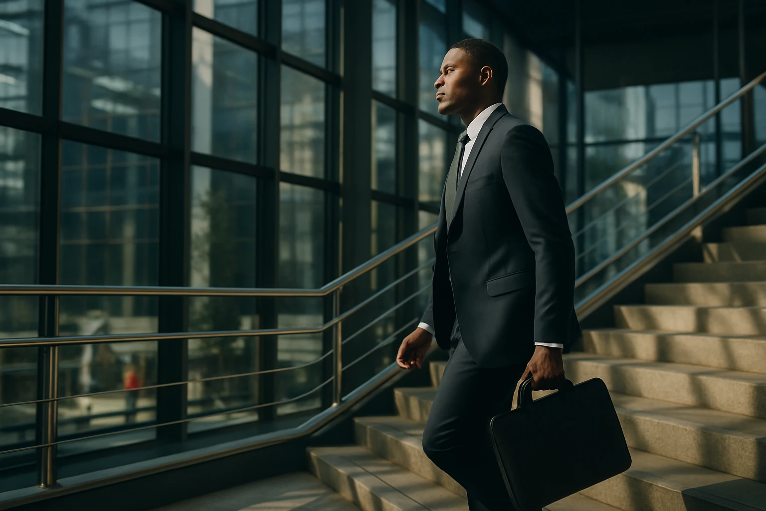 Muž v obleku kráča po schodoch v modernom kancelárskom prostredí.