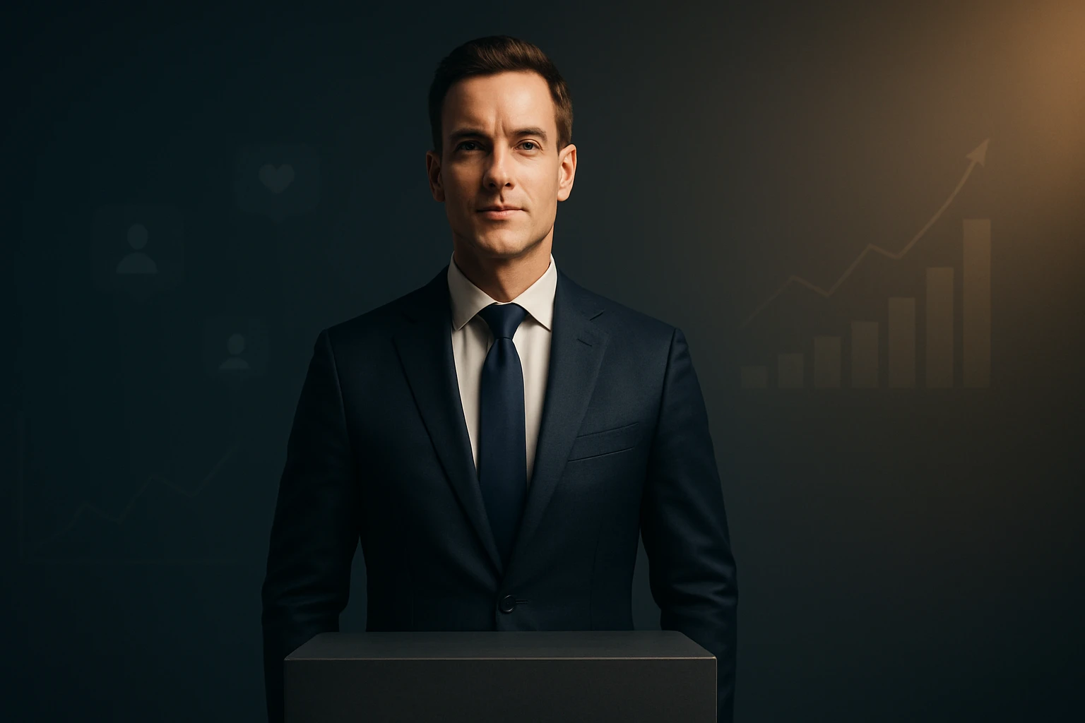 Muž v obleku stojí pred tmavým pozadím s grafom rastu v pozadí.