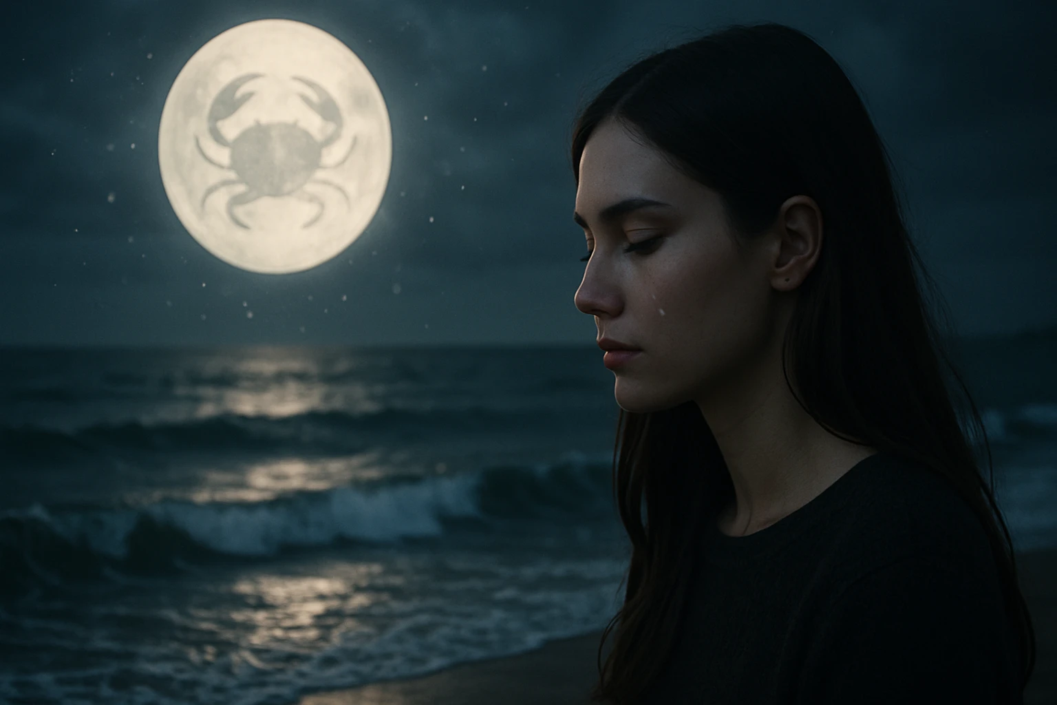Žena s dlhými vlasmi stojí pri mori, slzy na jej tvári, nad ňou svieti mesiac s krabom.