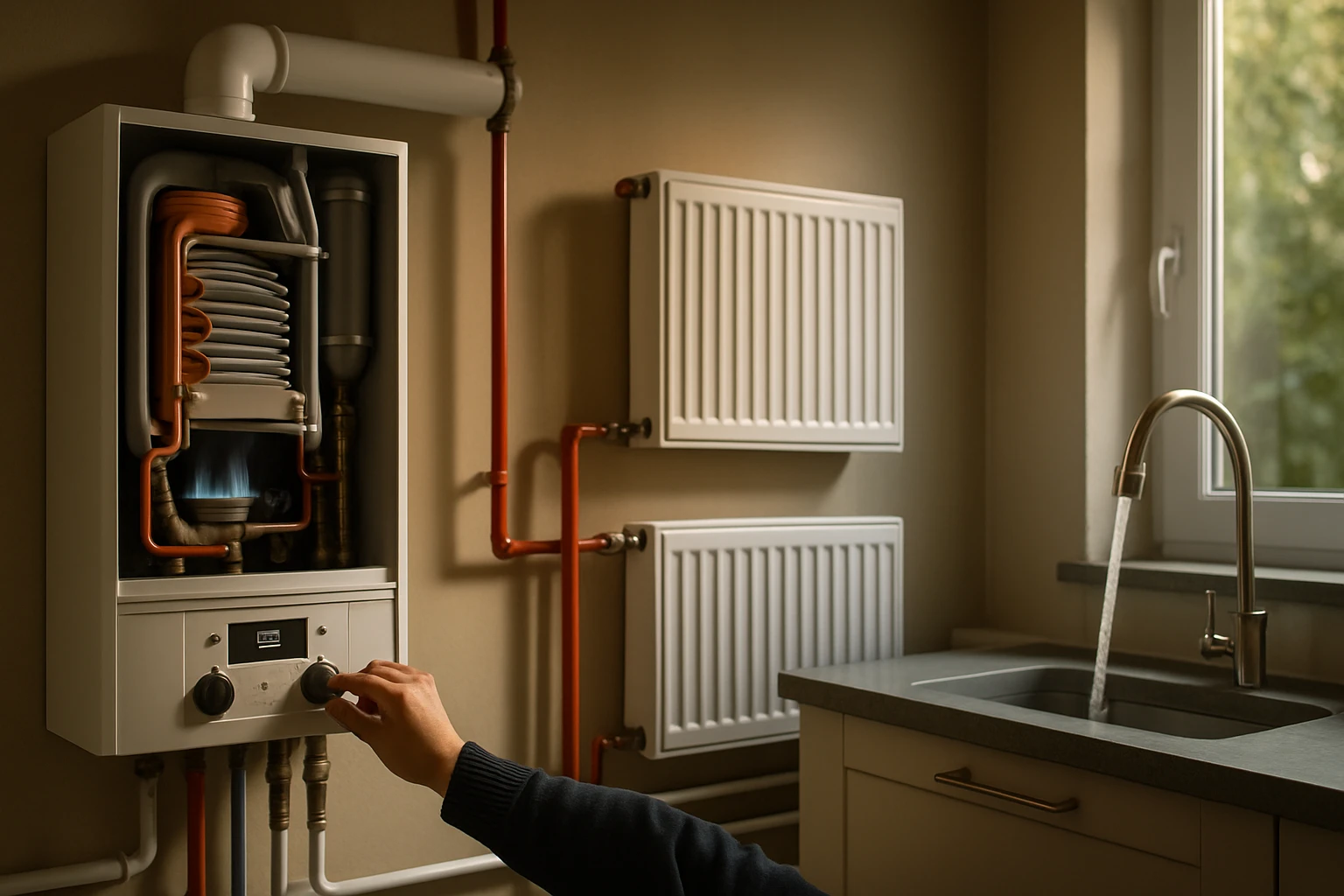 Rukou nastavuje teplotu na moderném kotli s plynovým hořákem.