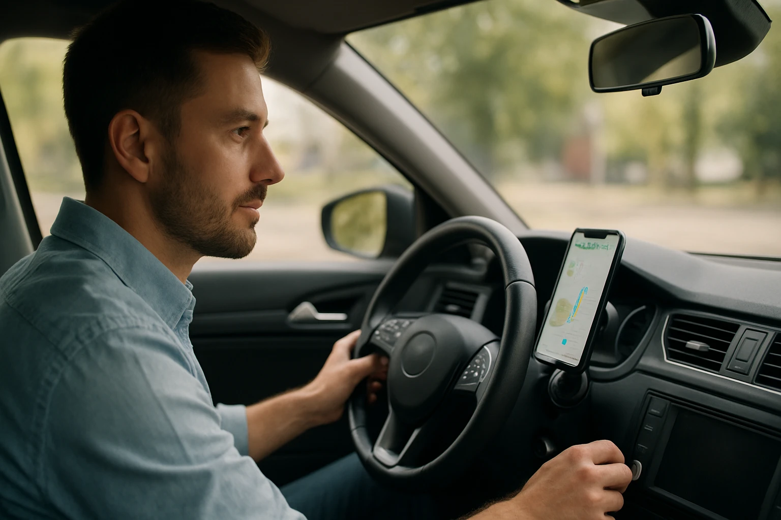 Muž šoféruje auto, a na palubnej doske má mobil s navigáciou.