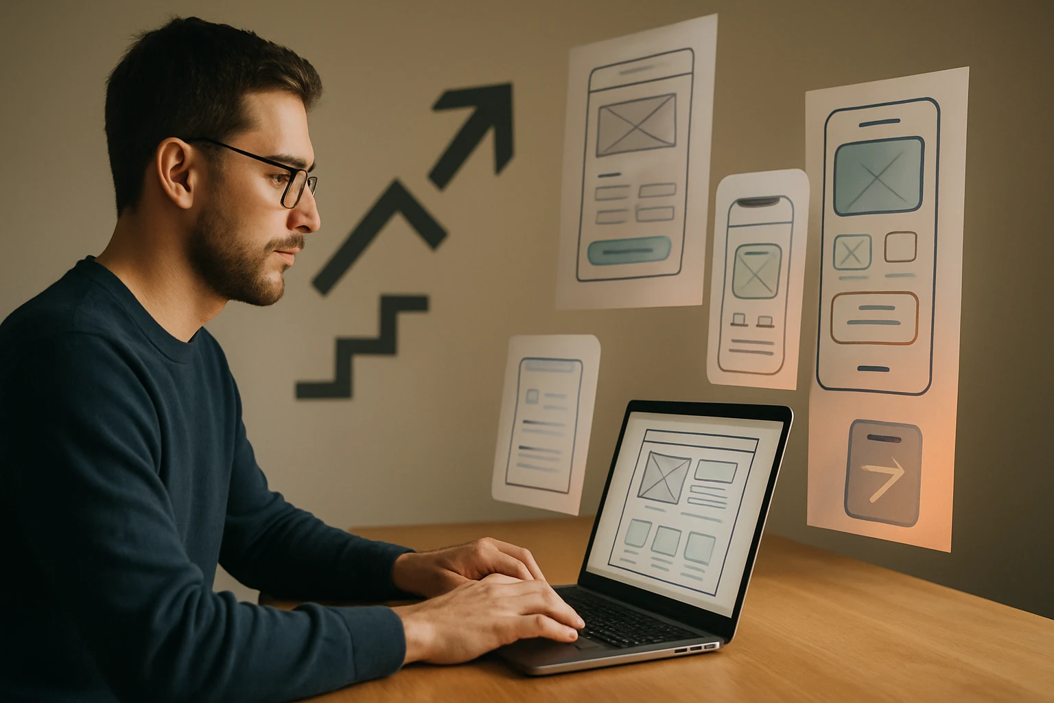 Muž pracuje na laptopu, okolo neho sú návrhy mobilných aplikácií.