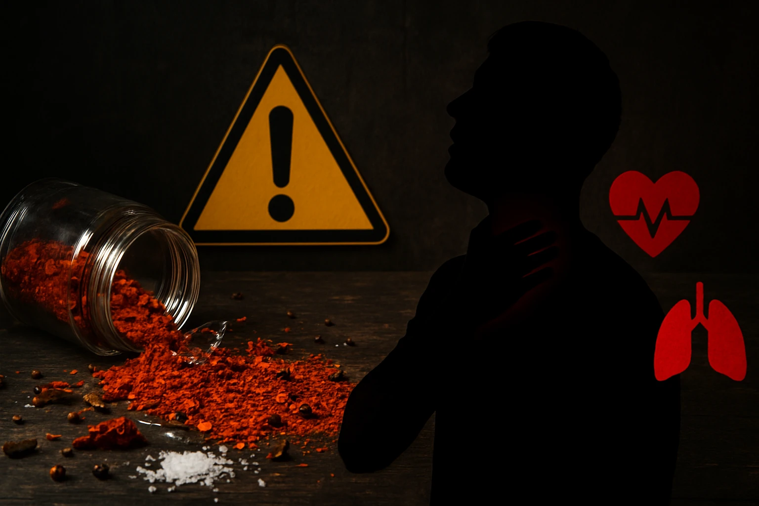Na stole rozliaty červený prášok a silueta muža, ktorý sa drží za krk.