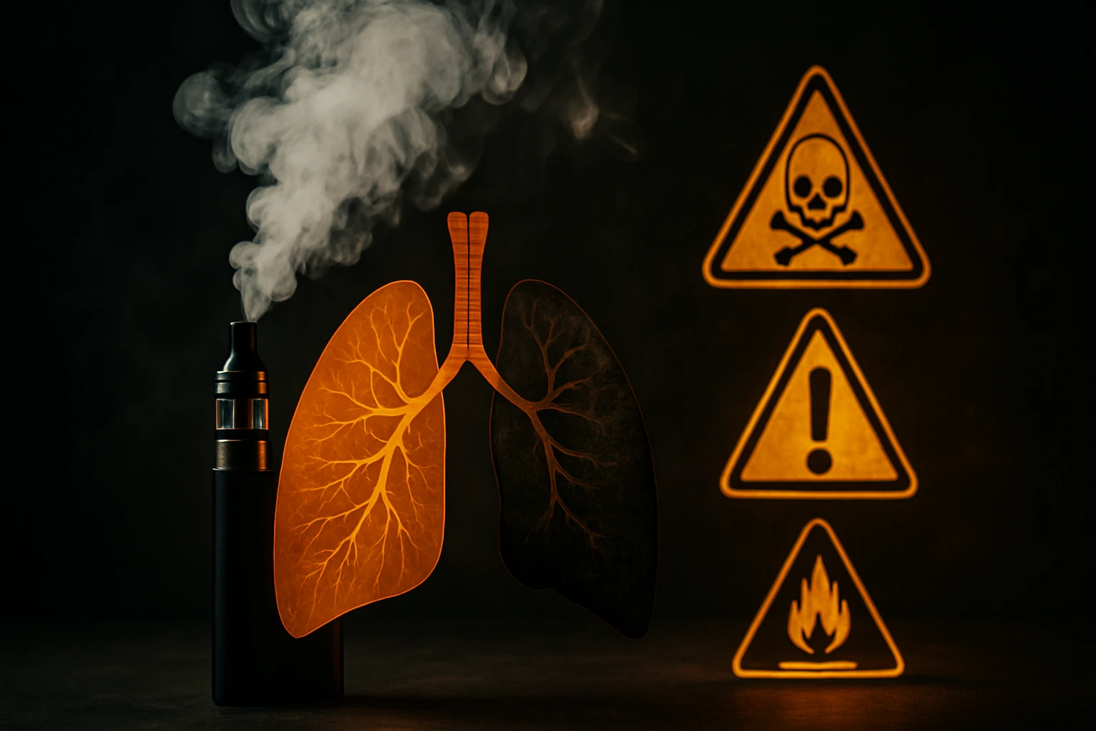 Vape s dymom a ilustrovanými pľúcami, ktoré varujú pred nebezpečenstvom.