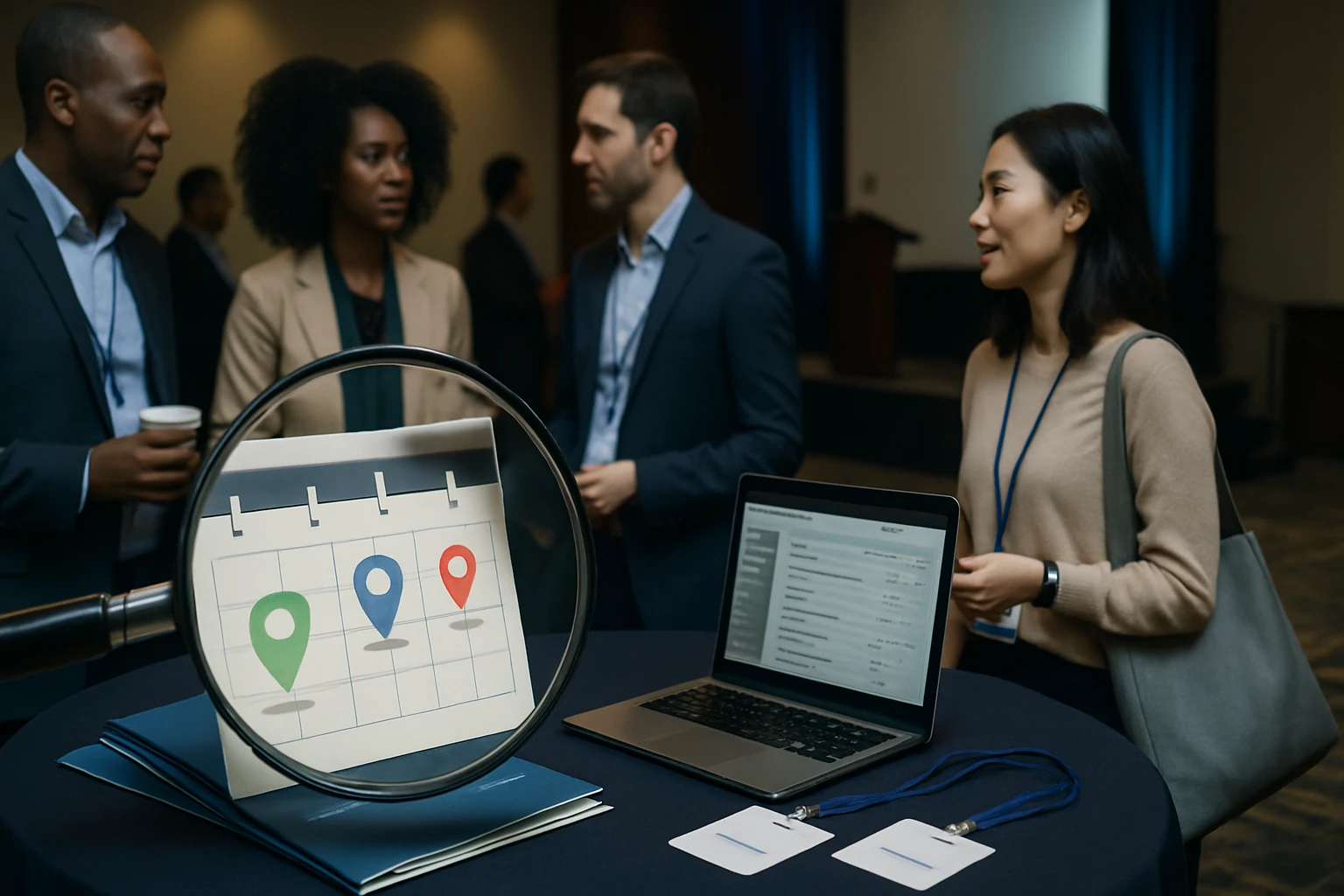 Na stole je kalendár s farebnými značkami a laptop s údajmi, účastníci sa rozprávajú.