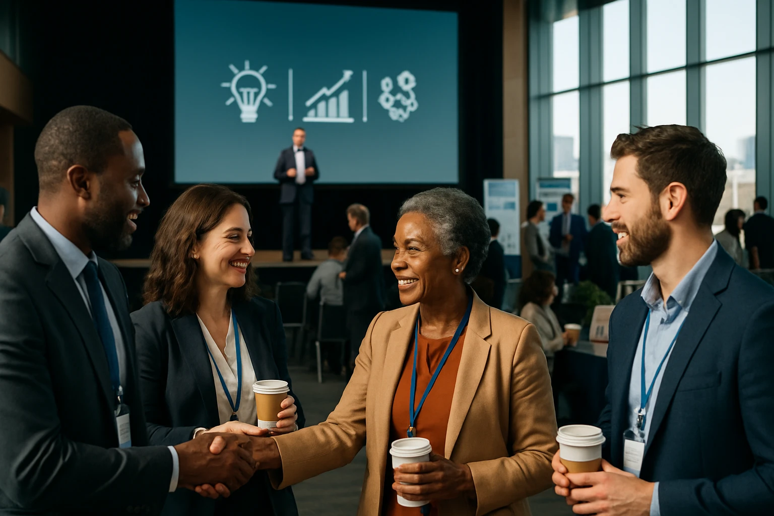 Skupina profesionálov sa zdraví a diskutuje na konferencii, s prezentáciou v pozadí.