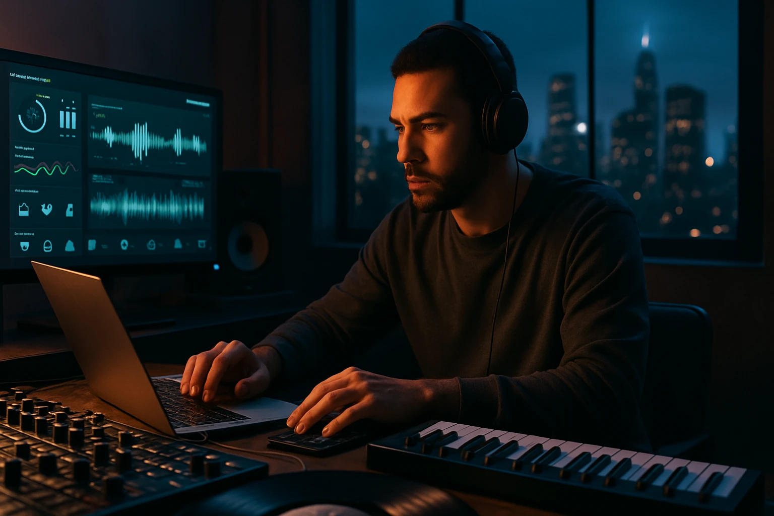 Muž pracuje na laptopu v noci, okolo neho sú hudobné nástroje a obrazovka s grafmi.