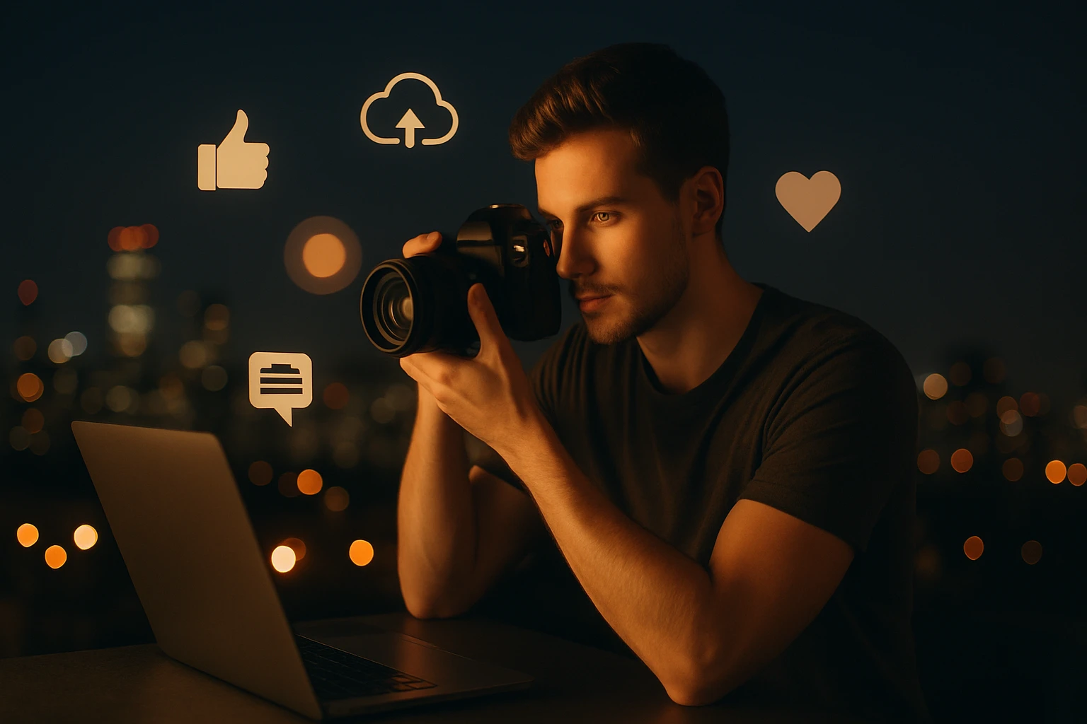 Mladý muž fotografuje s digitálnym fotoaparátom pri notebooku v noci.