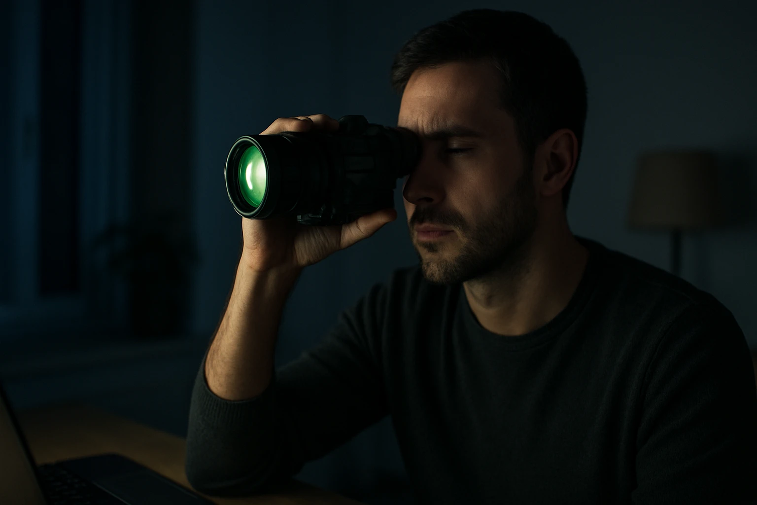Muž pozoruje cez nočné videnie, sústredený na obrazovku pred sebou.