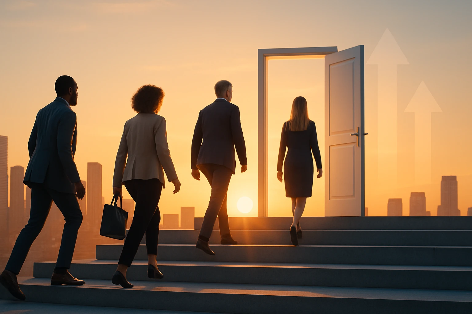 Skupina profesionálov kráča po schodoch smerom k otvoreným dverám pri západe slnka.