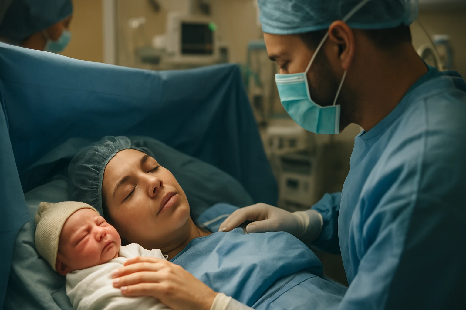 Matka leží na nemocničnom lôžku s novorodencom v náručí, obaja sú spokojní.