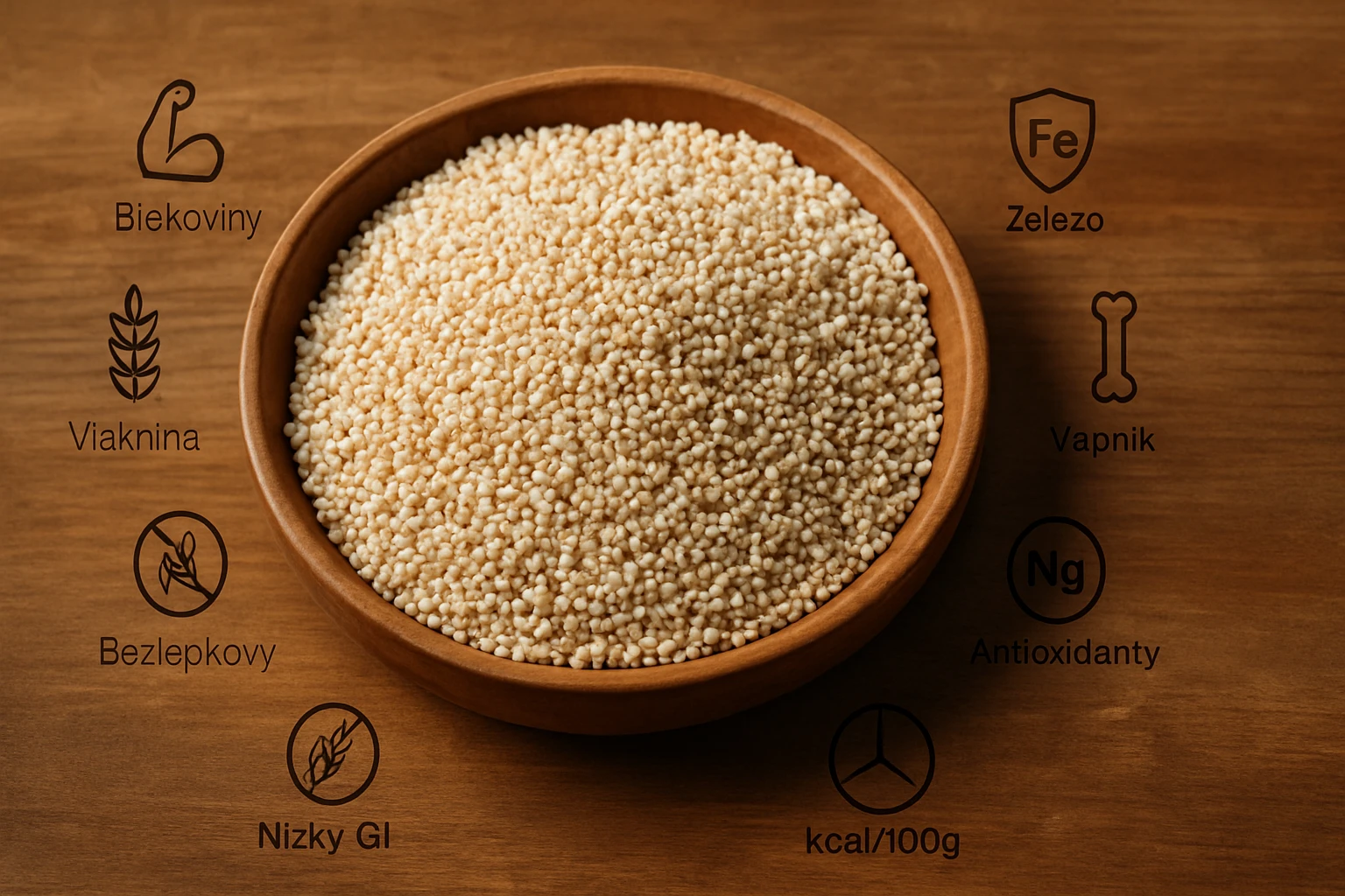 Miska plná quinoa zobrazená na drevenom stole s nutričnými symbolmi.