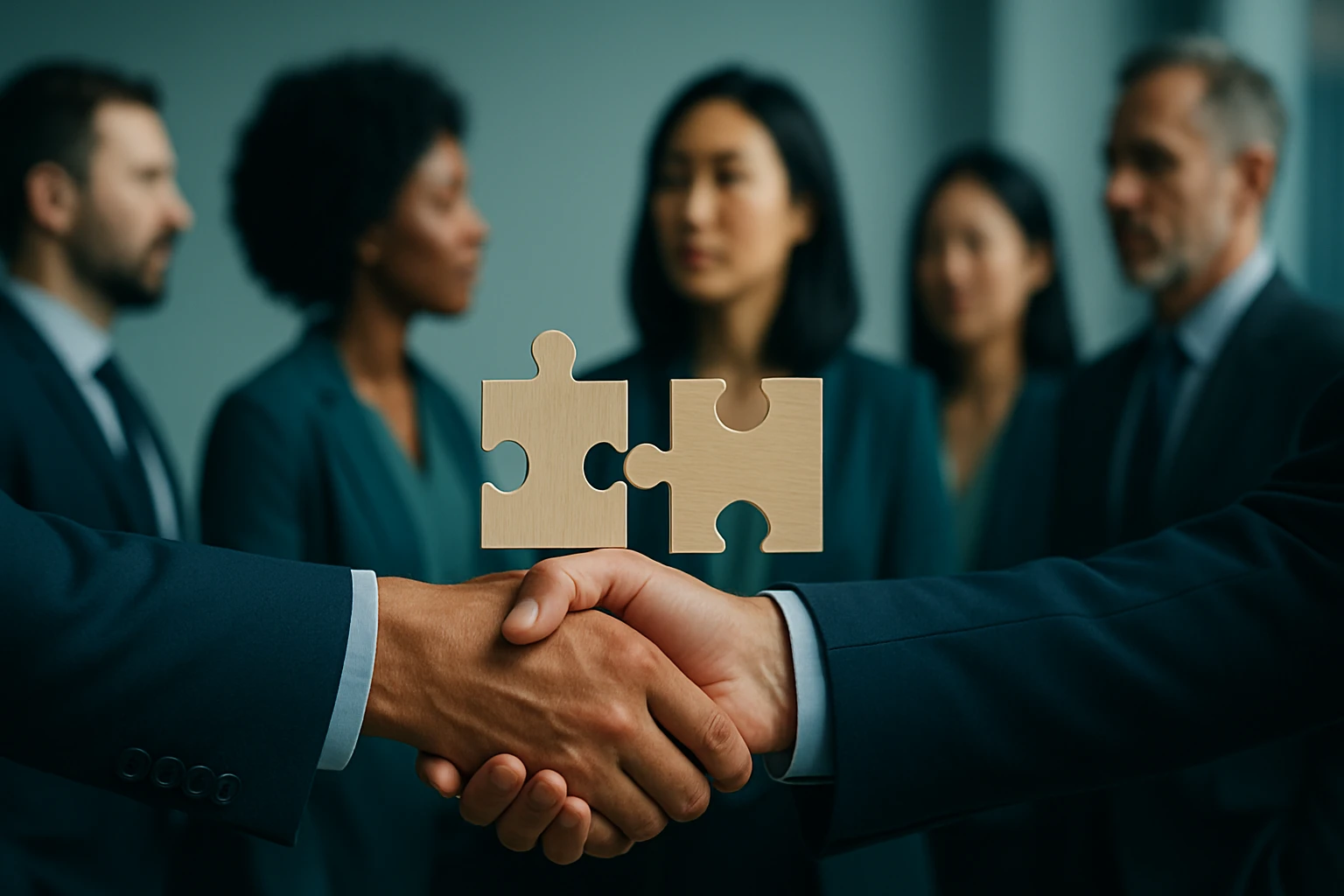 Dve ruky sa podávajú pri obchodnej dohode, pozadie s profesionálmi.