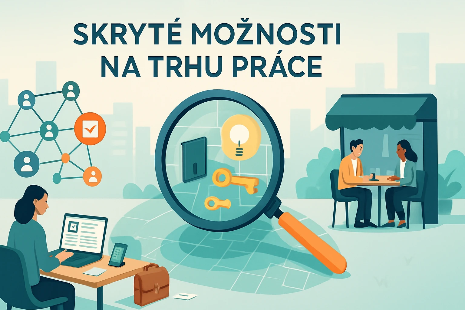 Ilustrácia zobrazuje prácu na počítači a diskusiu dvoch ľudí v kaviarni.