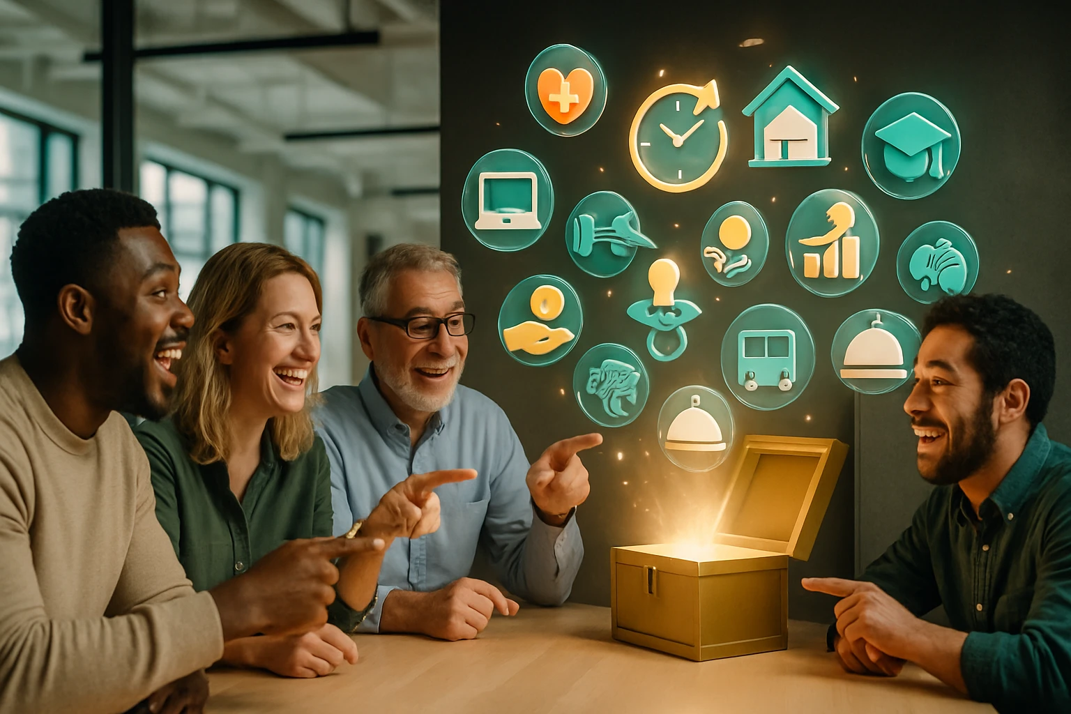 Štyria ľudia sa smejú a ukazujú na otvorenú truhlicu s žiariacim obsahom.