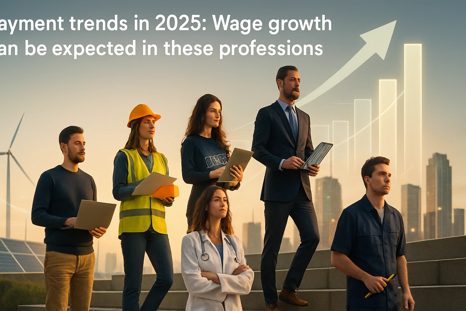 Skupina profesionálov rôznych odborov stojí na schodoch s mestským pozadím.