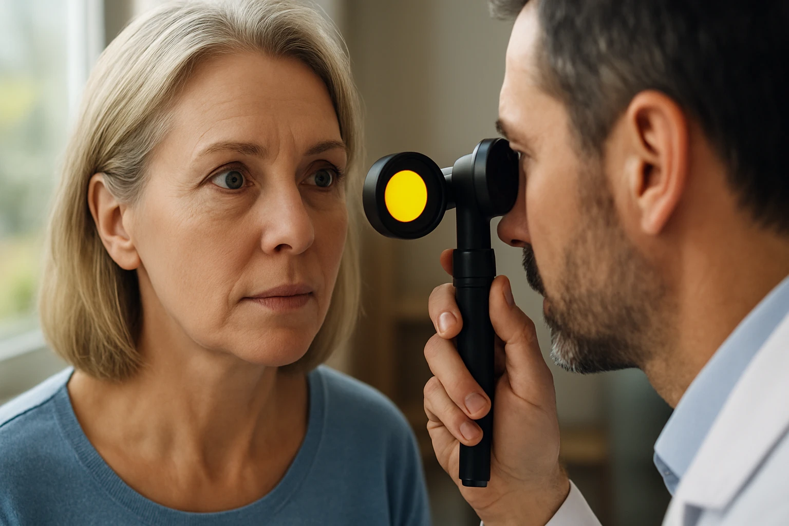 Žena s krátkymi blond vlasmi sa podrobuje vyšetreniu očí u lekára.