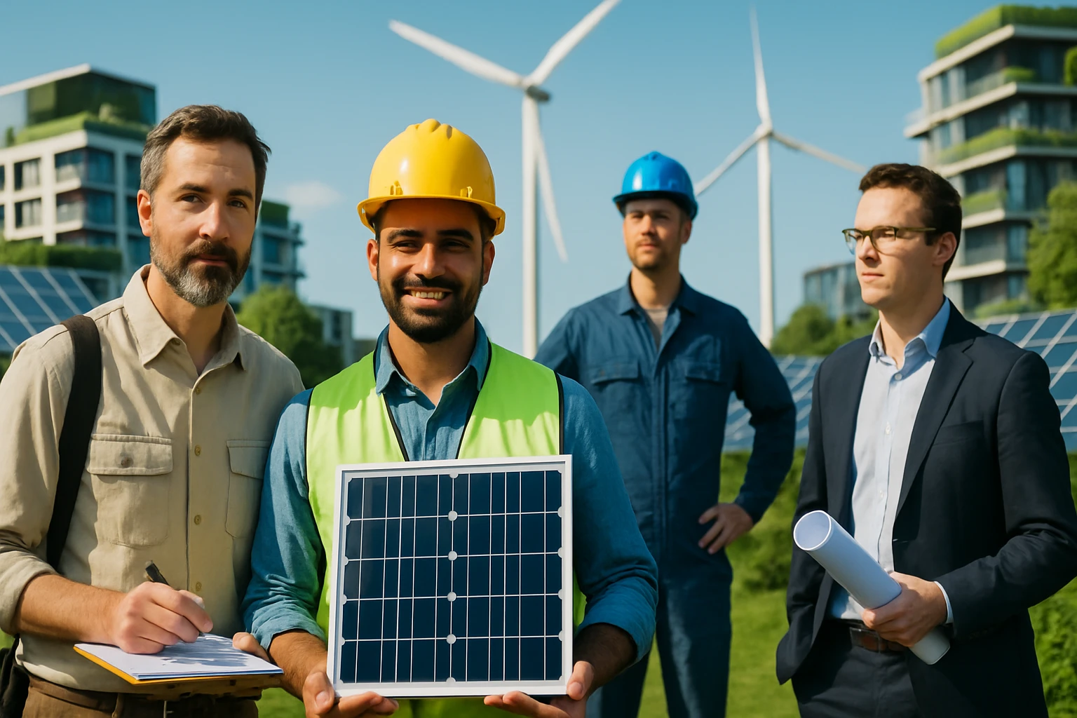 Skupina odborníkov na obnoviteľné zdroje energie pred solárnymi panelmi a veternými turbínami.