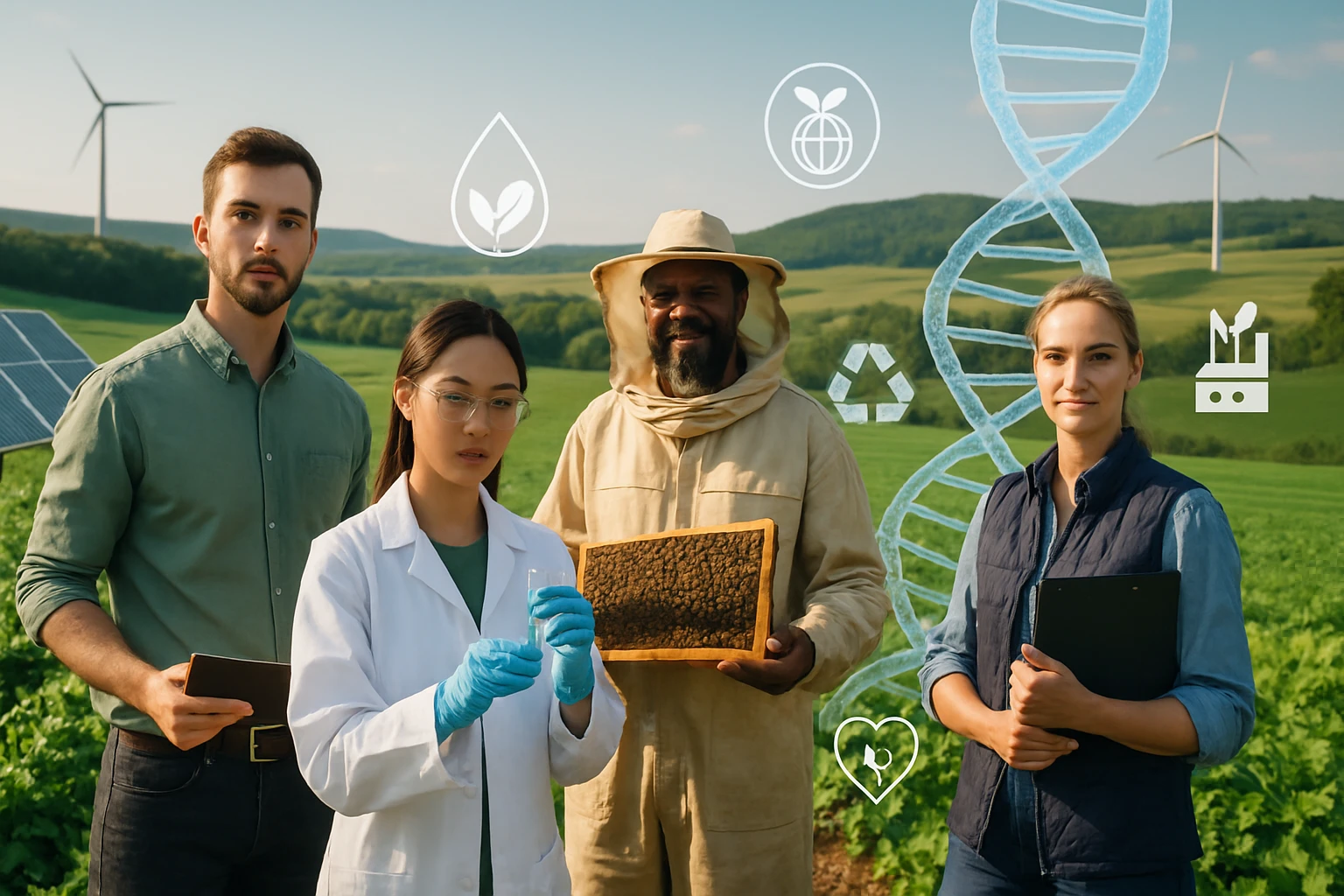 Skupina štyroch odborníkov na poľnohospodárstvo v prírode, s obnoviteľnými zdrojmi energie v pozadí.