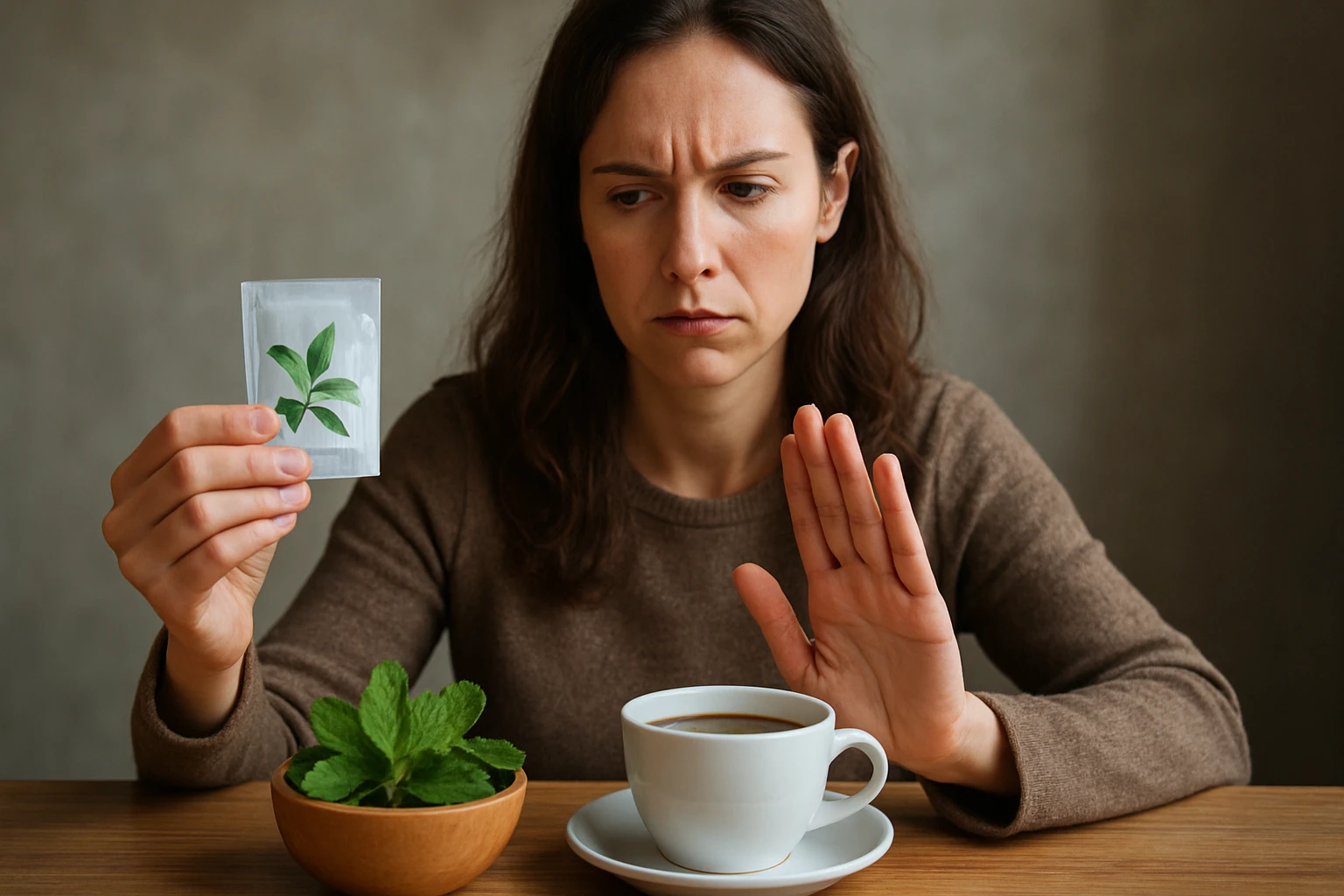 Žena s vážnym výrazom drží balíček s bylinkami a odmieta kávu.