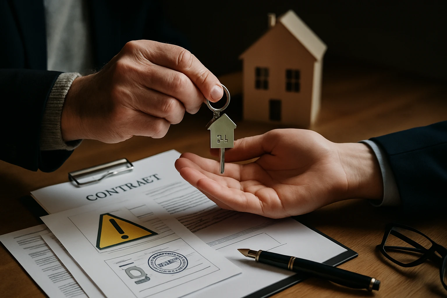 Osoba odovzdáva kľúč od domu druhej osobe, na stole sú dokumenty.