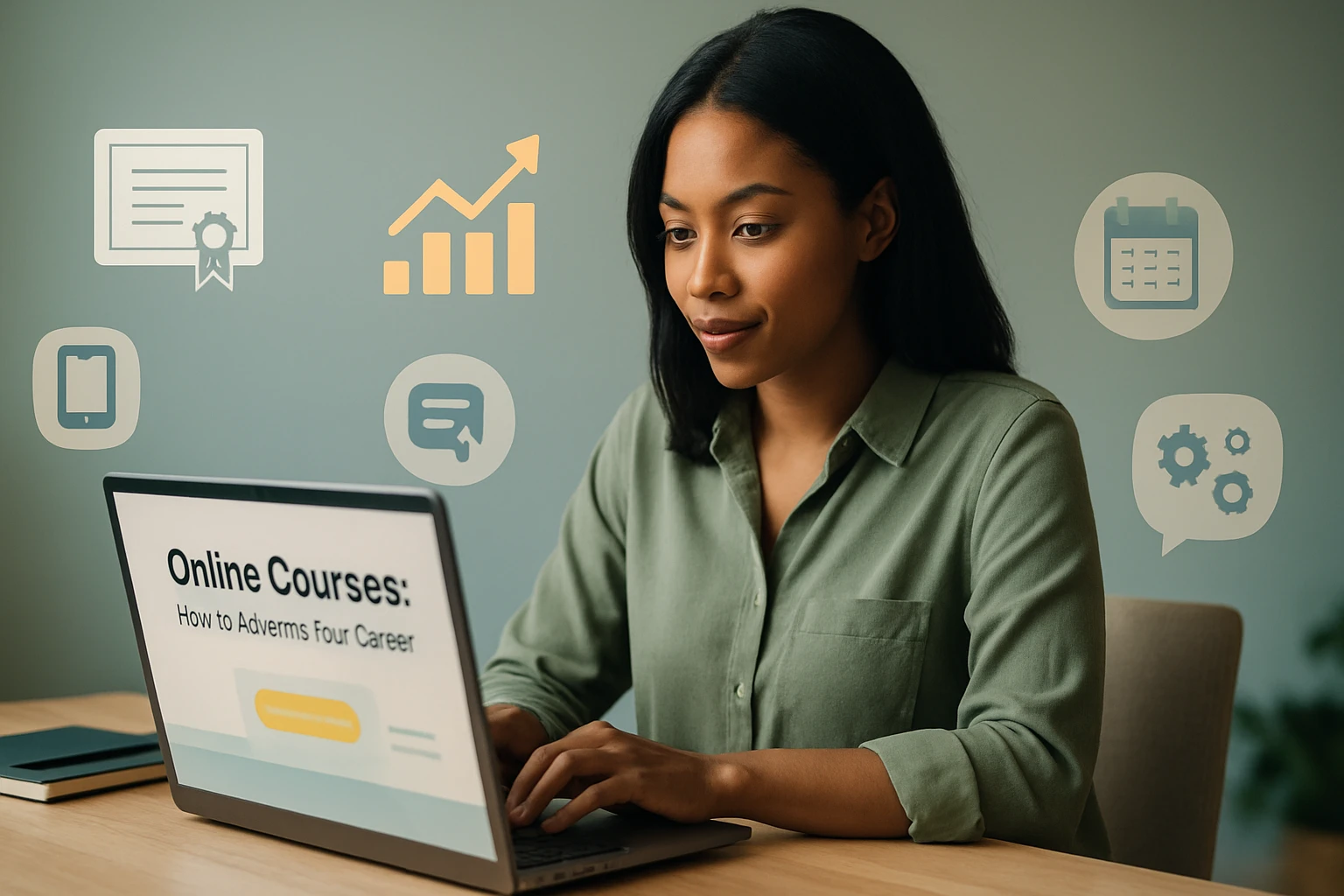 Žena sedí pri stole a pracuje na laptopu, okolo sú ikony online kurzov.