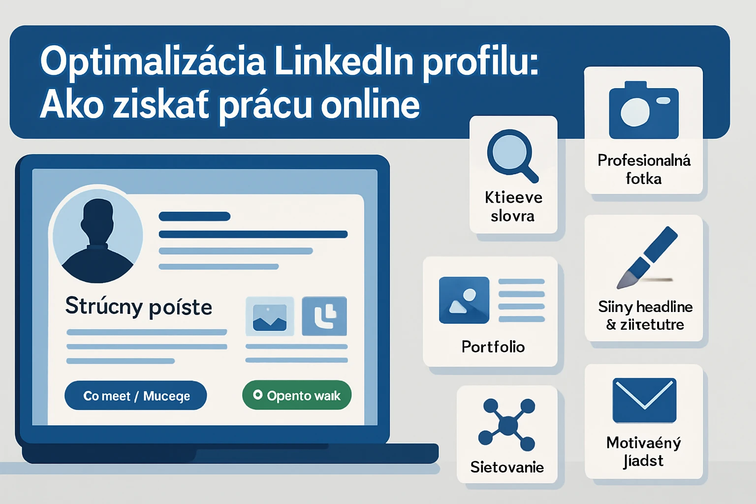 Ilustrácia optimalizácie LinkedIn profilu s rôznymi prvkami ako fotka a portfólio.