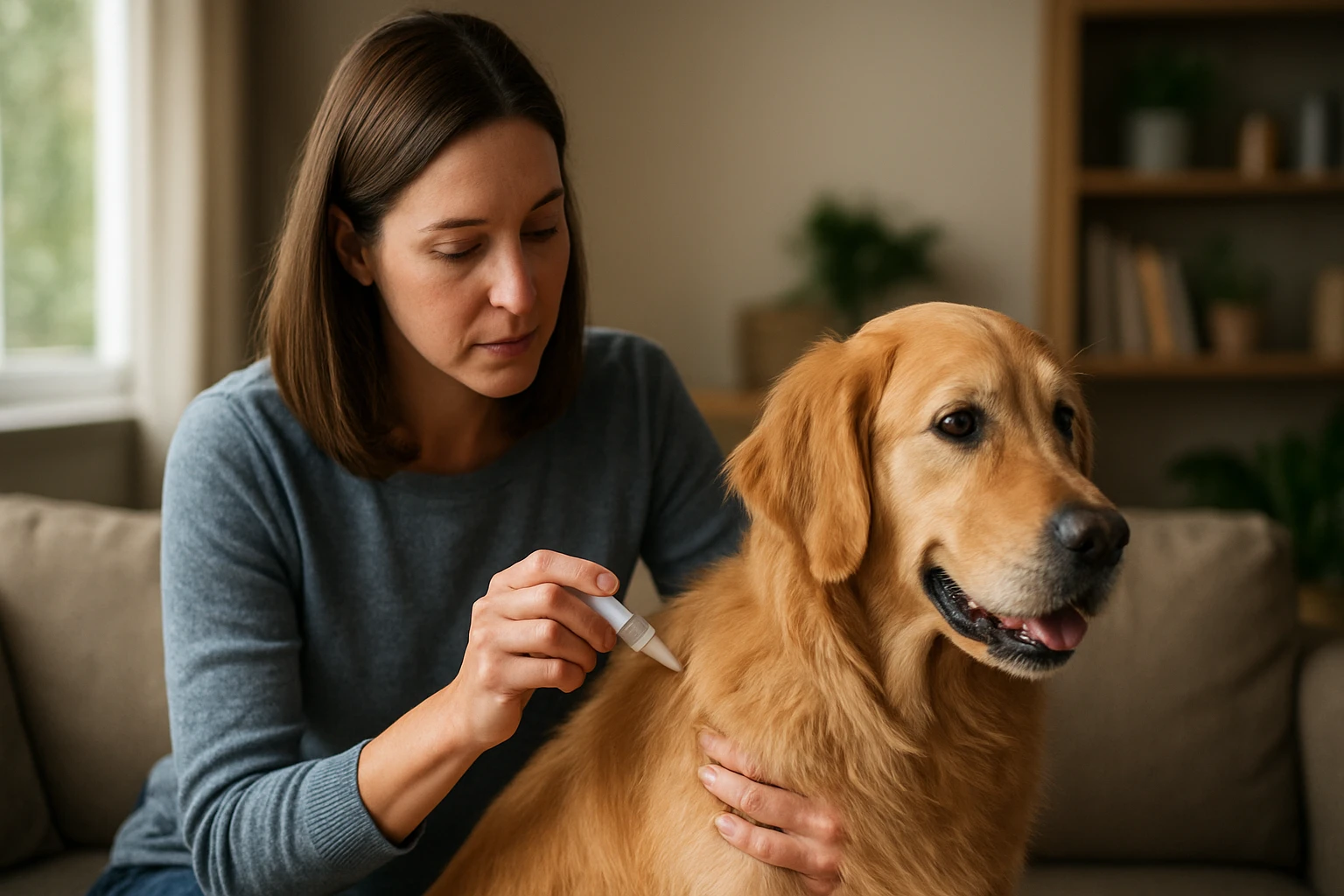Žena sedí na pohovke a ošetruje zlatého retrievera.