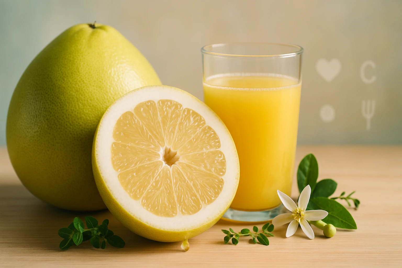 Žltý citrusový plod s polovicou a pohárom šťavy na drevenej doske.