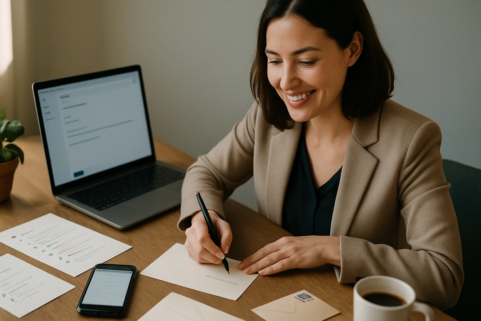 Žena v obleku píše na pohľadnicu pri stole s laptopom a šálkou kávy.