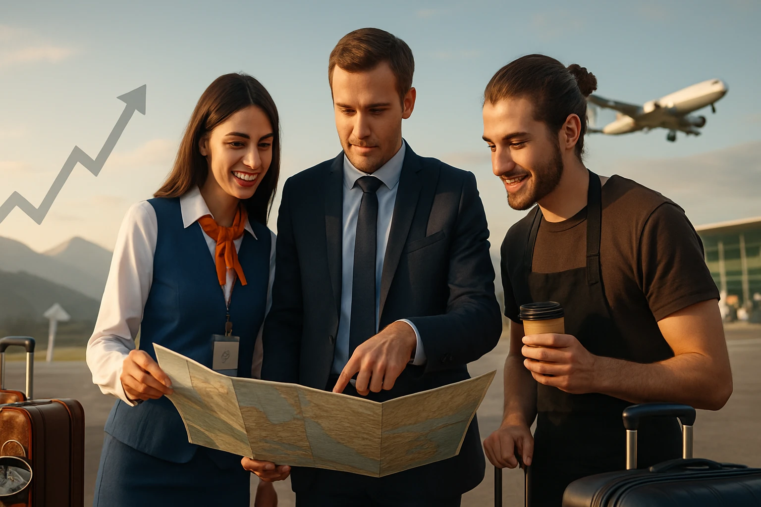 Skupina troch ľudí na letisku skúma mapu a diskutuje o plánoch.