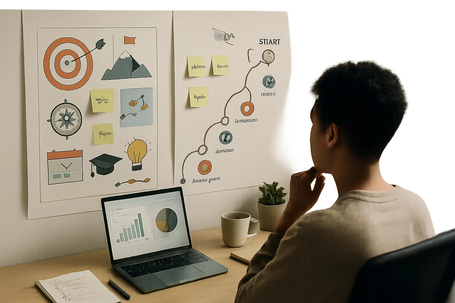 Osoba sedí pred laptopom, sleduje grafy a plánuje ciele na nástenke.