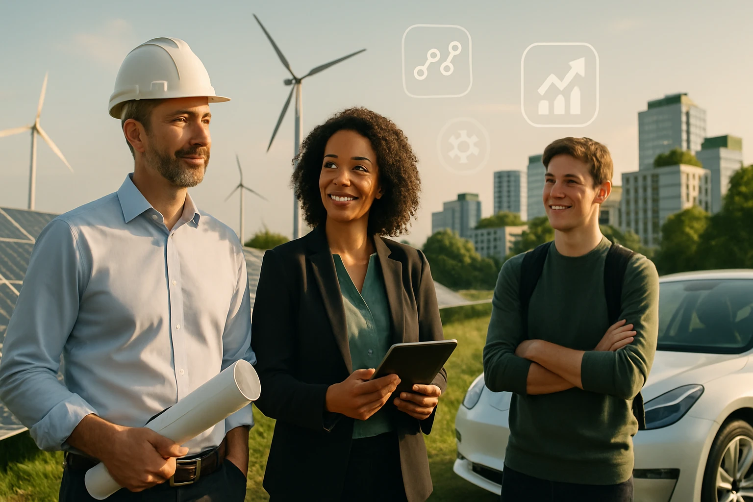 Skupina profesionálov diskutuje a plánuje zlepšenie udržateľnej energie.