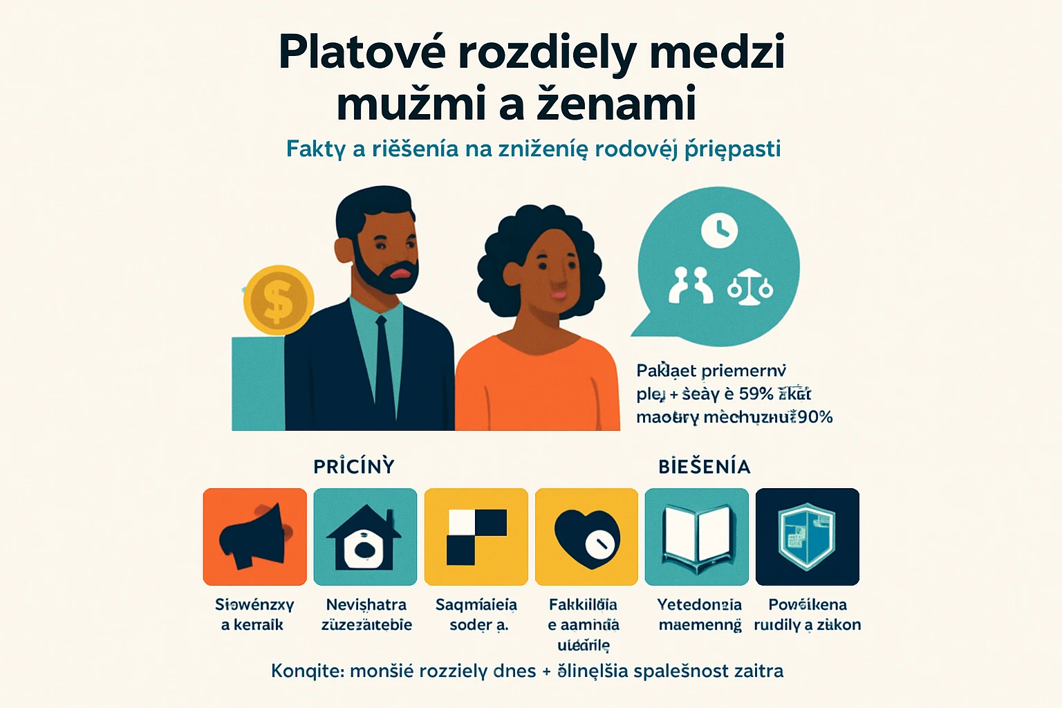 Ilustrácia znázorňujúca platové rozdiely medzi mužmi a ženami s faktami a riešeniami.
