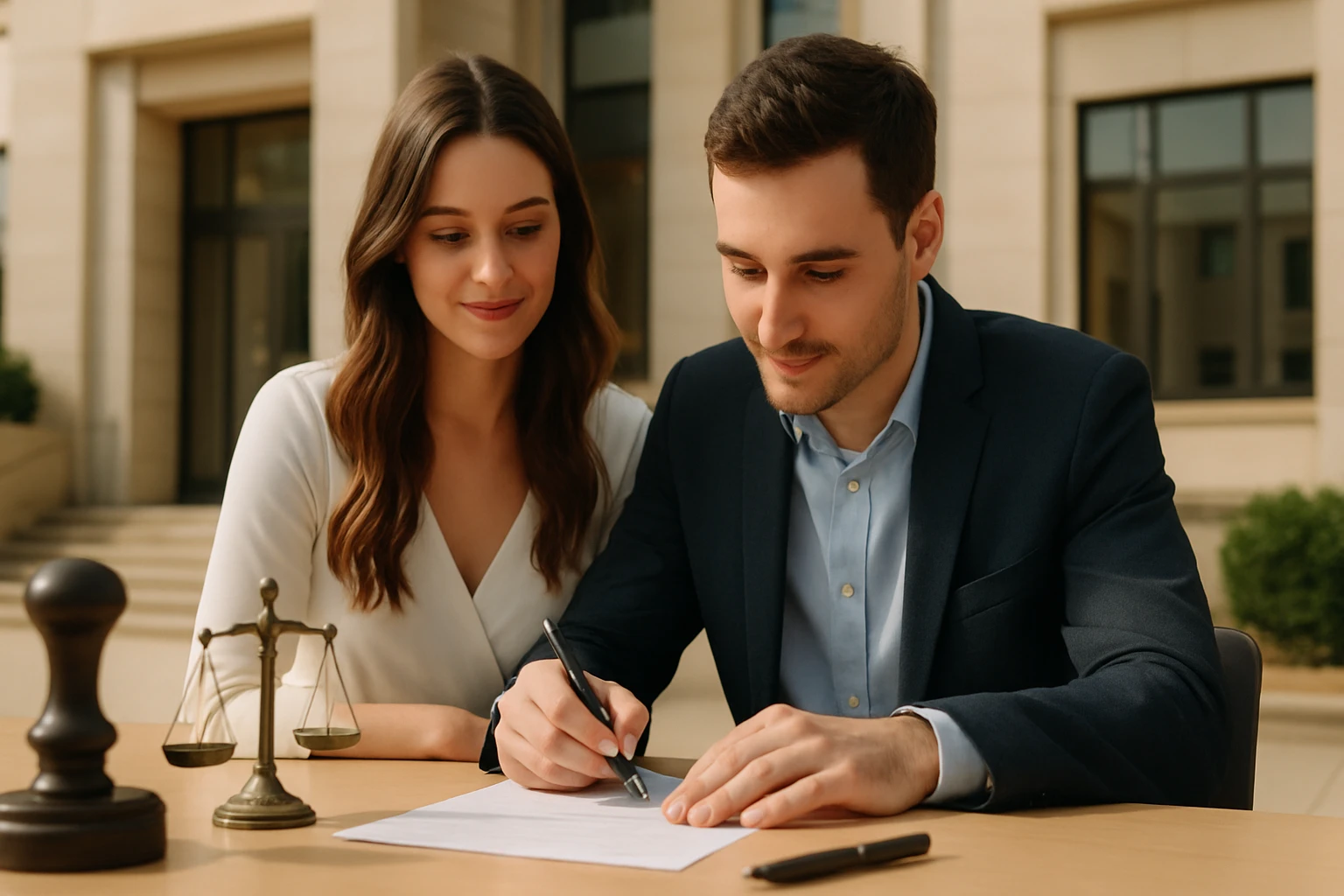 Mladý pár, ktorý podpisuje dokumenty na právnickom stole s váhami spravodlivosti v popredí.