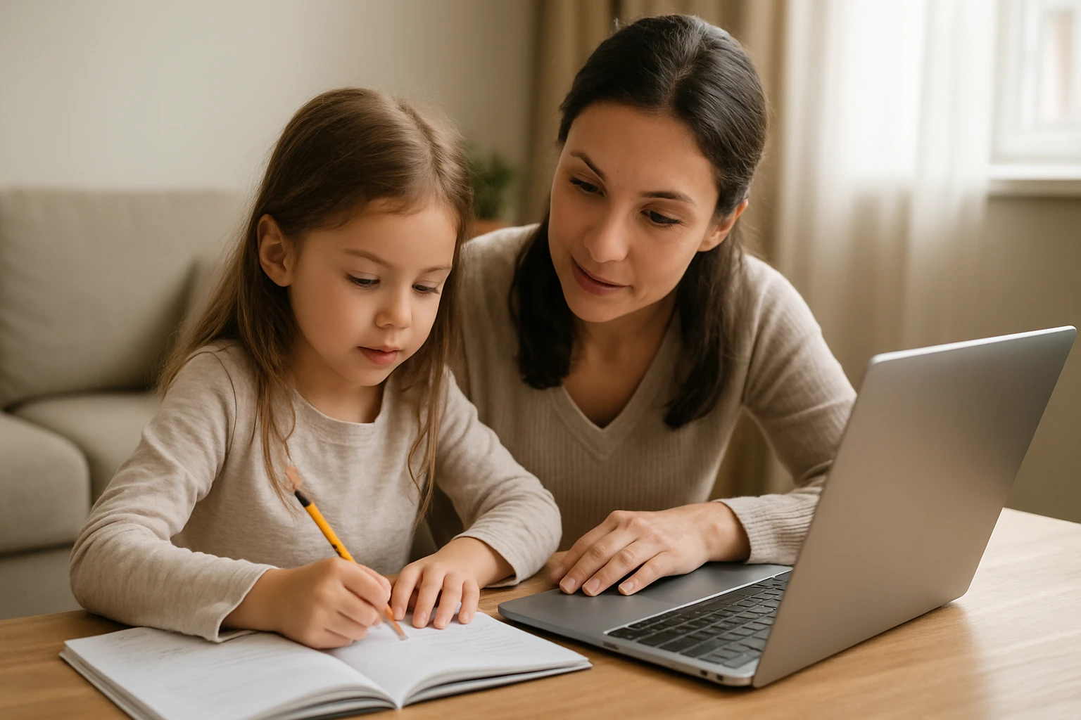 Matka pomáha dcére s domácou úlohou pri stole s notebookom.