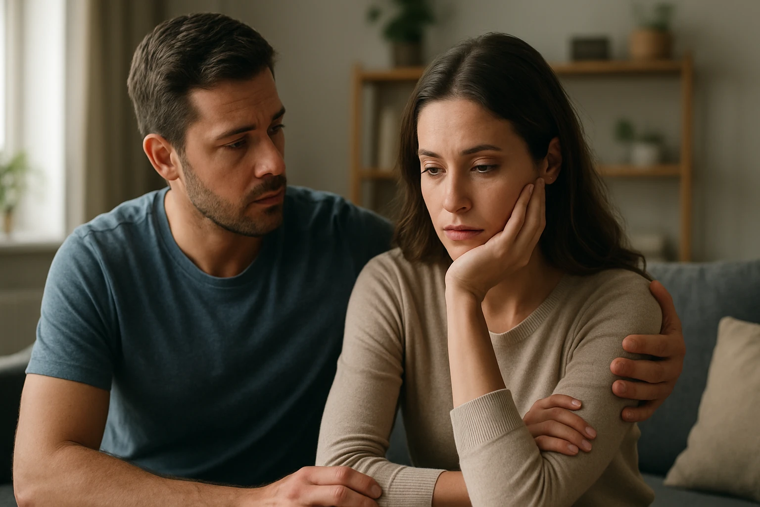 Muž sa snaží utešiť smutnú ženu, obaja s vážnymi výrazmi.