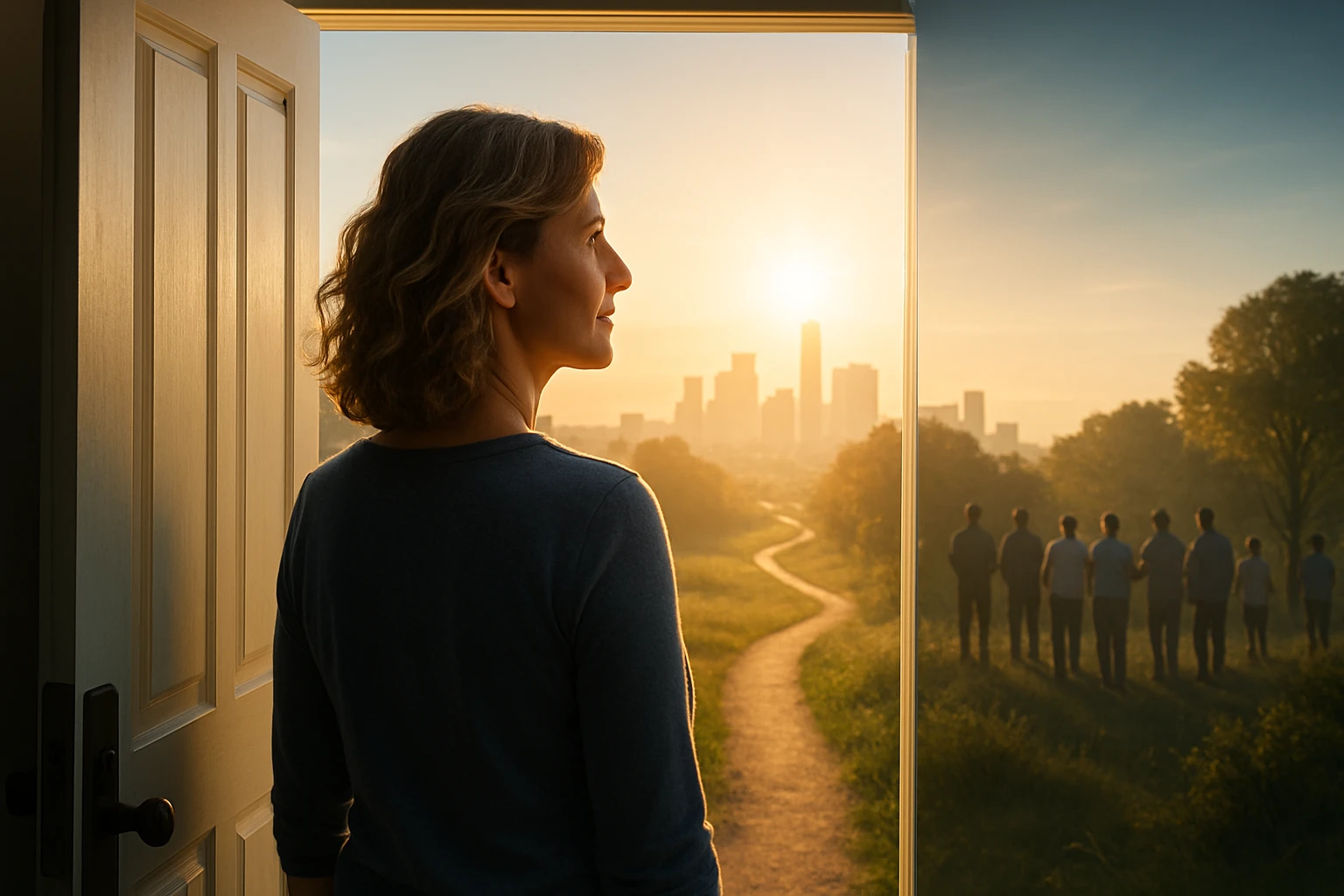 Žena stojí vo dverách a pozerá na mestskú panorámu pri západe slnka.