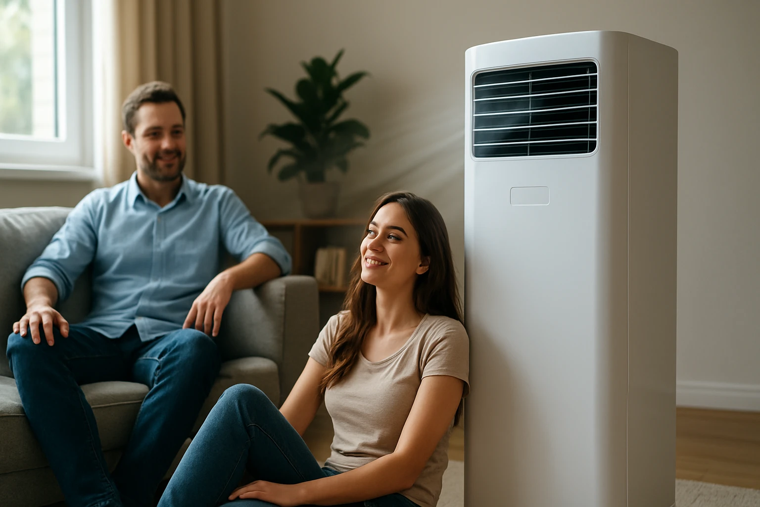 Mladý pár relaxuje v obývacej izbe pri mobilnom klimatizátore.