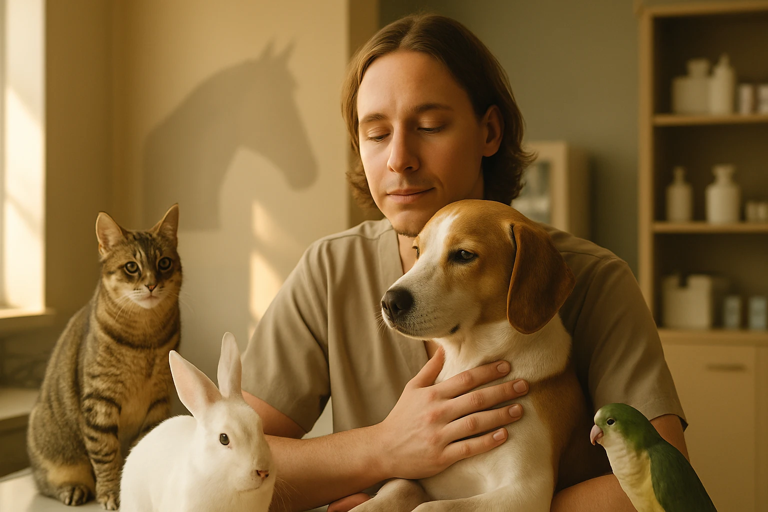 Muž sedí so psom, mačkou, králikom a papagájom v útulnom prostredí.