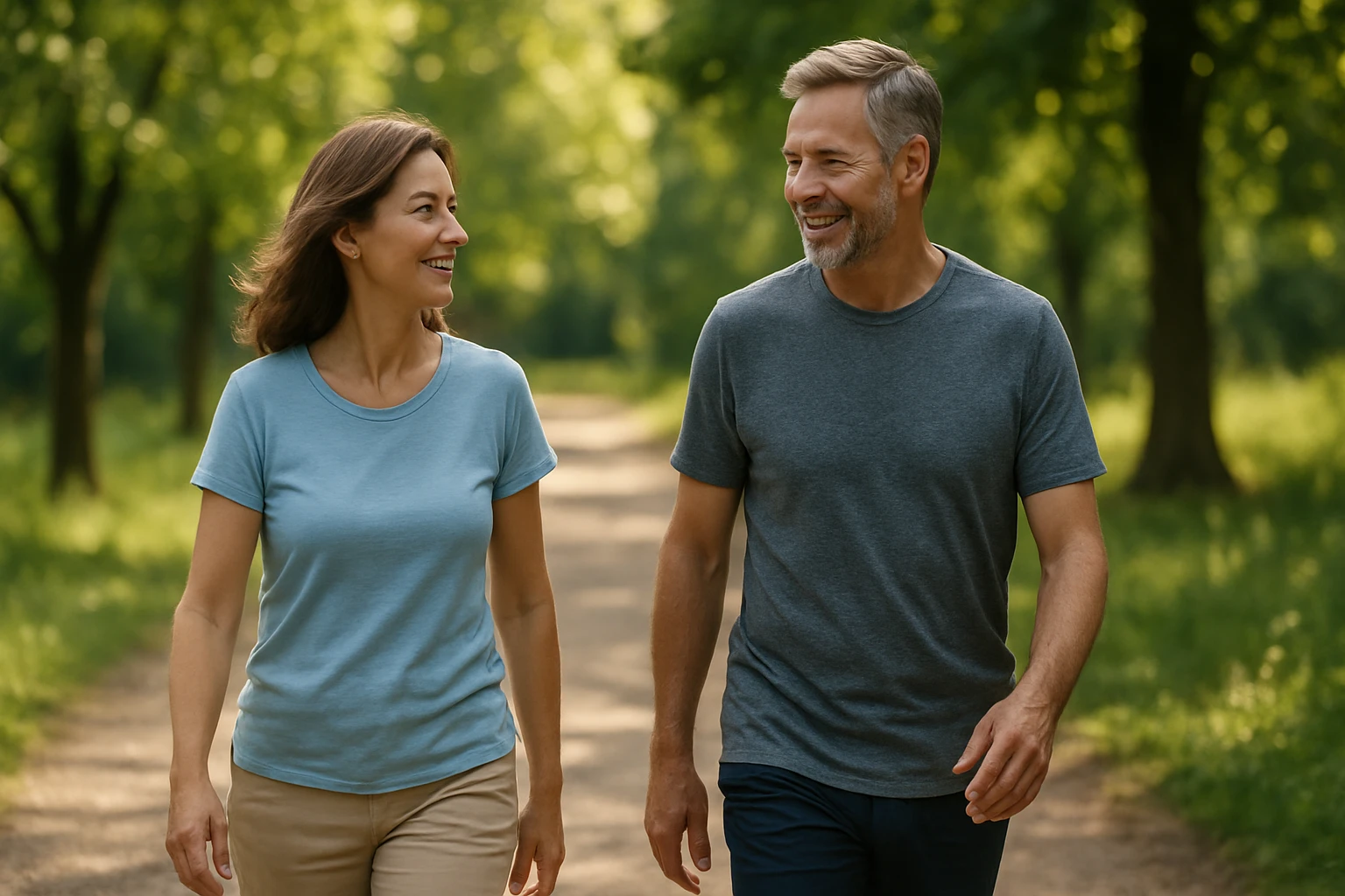 Dvojica ľudí sa usmievajú a prechádzajú sa po lesnej ceste.