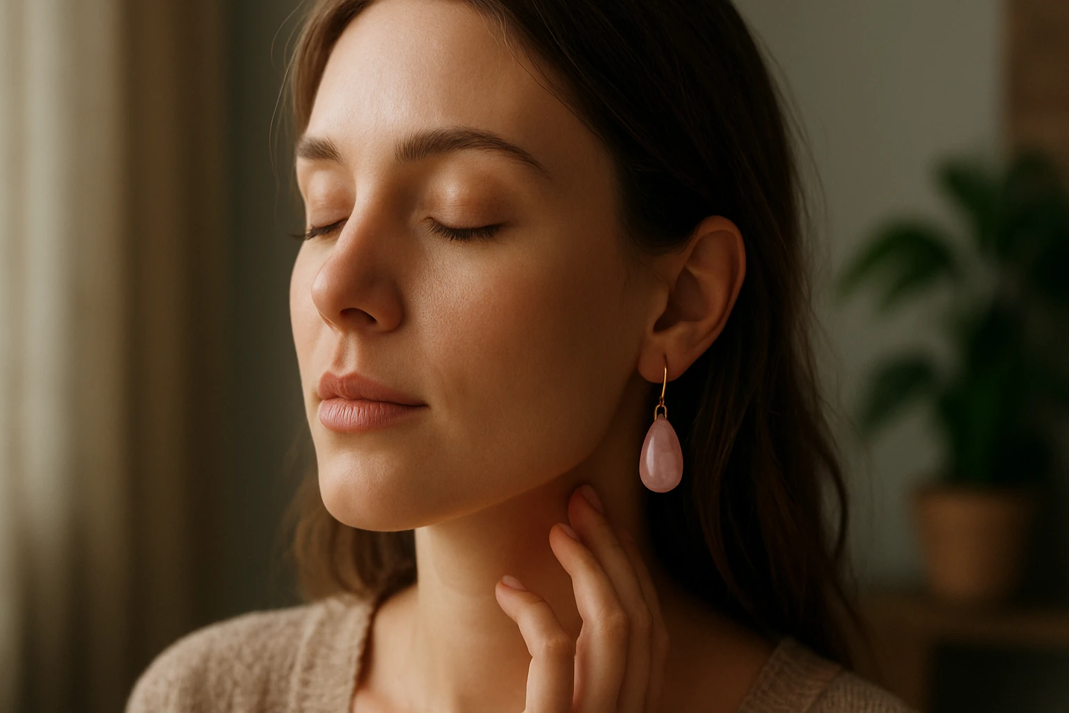 Žena s jemným make-upom a ružovými náušnicami, zatvorenými očami, vyžaruje pokoj.