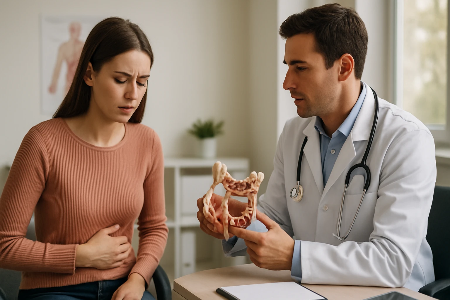 Žena so sťažnosťami na bolesť brucha sedí pred lekárom, ktorý ukazuje model panvy.