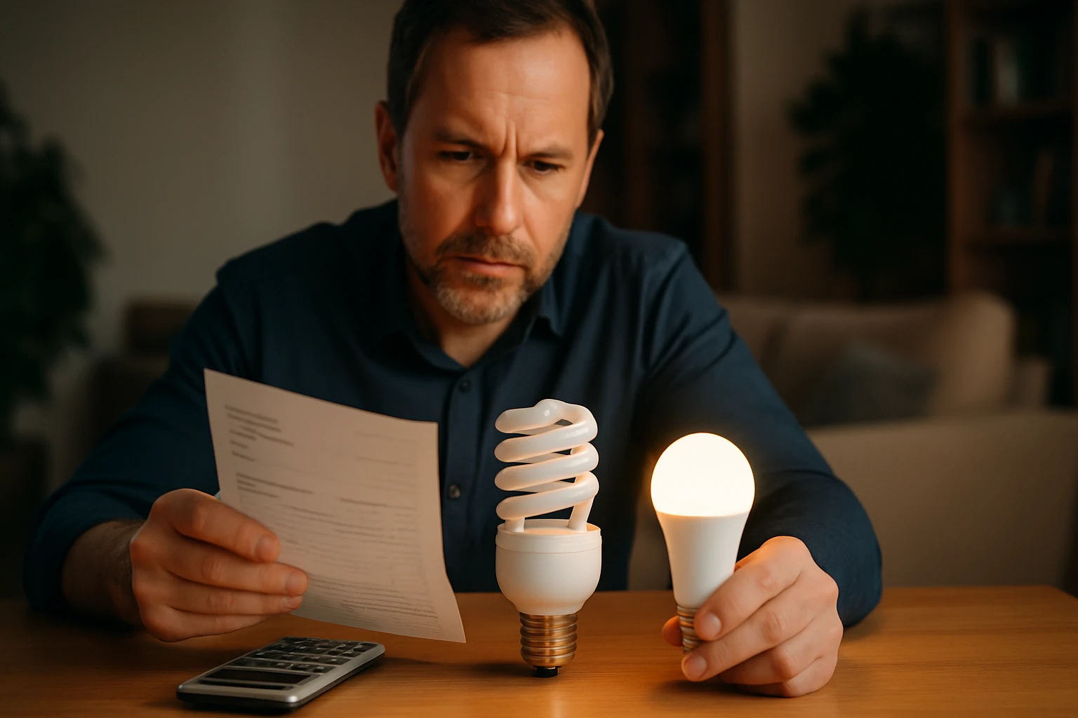 Muž porovnáva energeticky úspornú žiarovku s klasickou, drží účet.