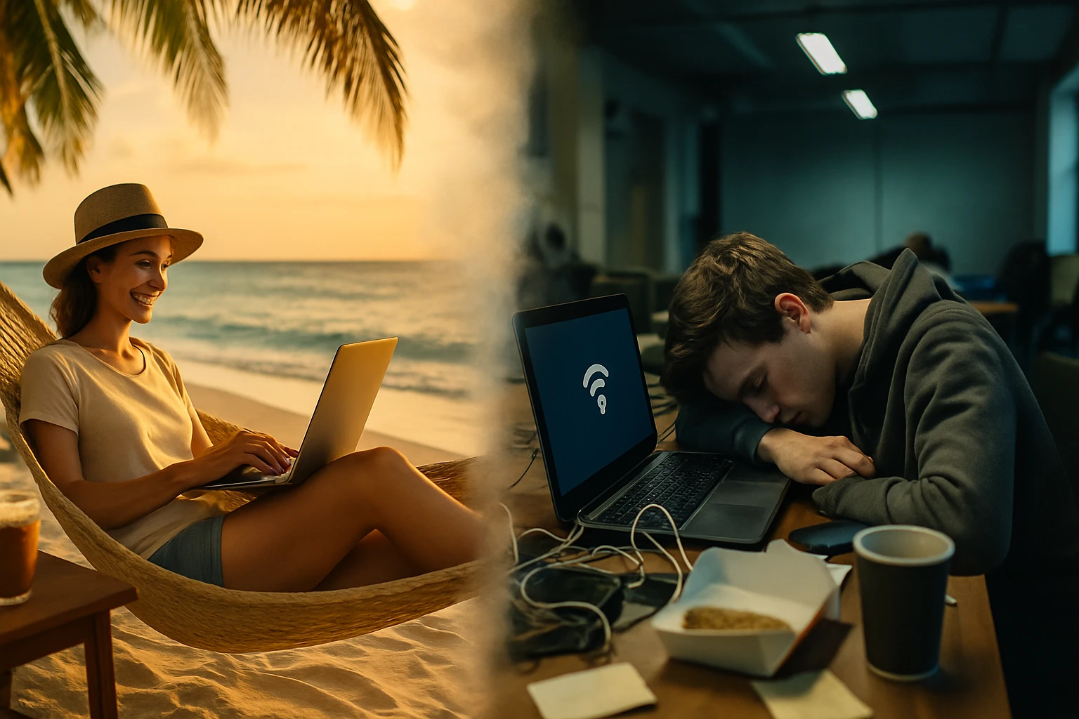 Žena pracuje na laptopu na pláži, zatímco muž spí u počítače v kanceláři.