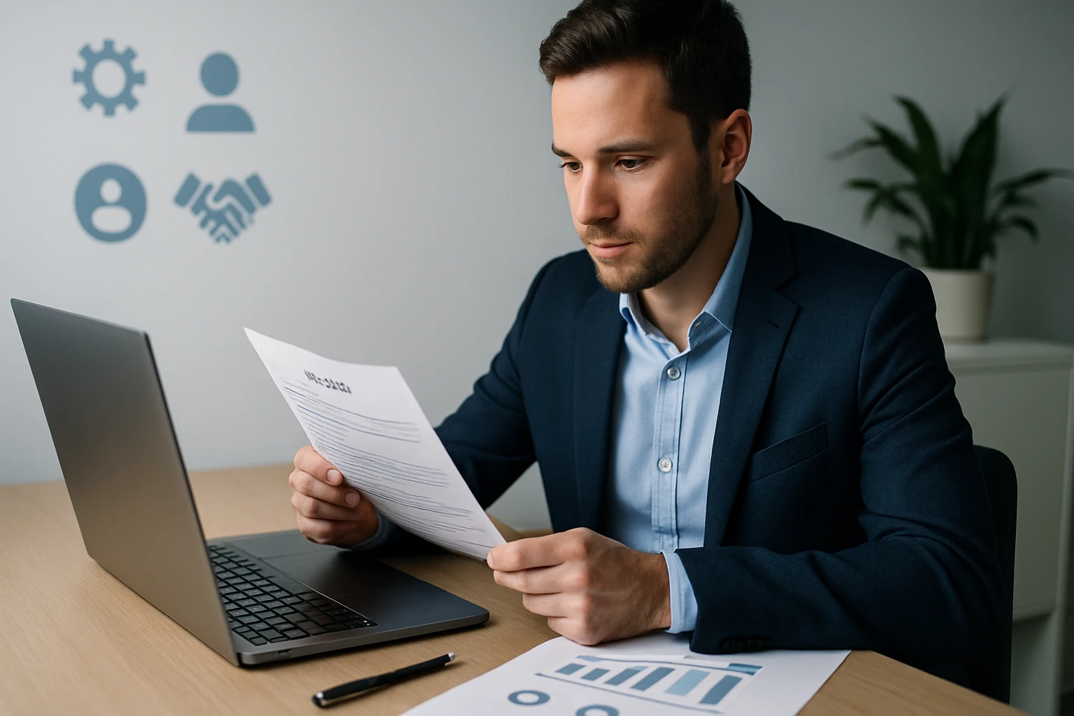 Muž v obleku sedí pri stole a číta dokument, vedľa je laptop.
