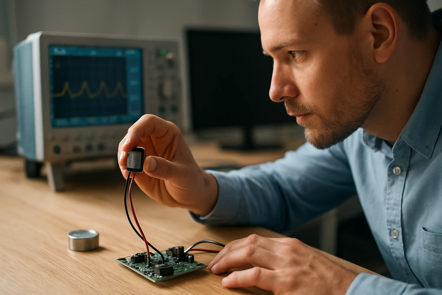 Muž pracuje na elektronickej doske, pripojuje komponent s drôtmi.